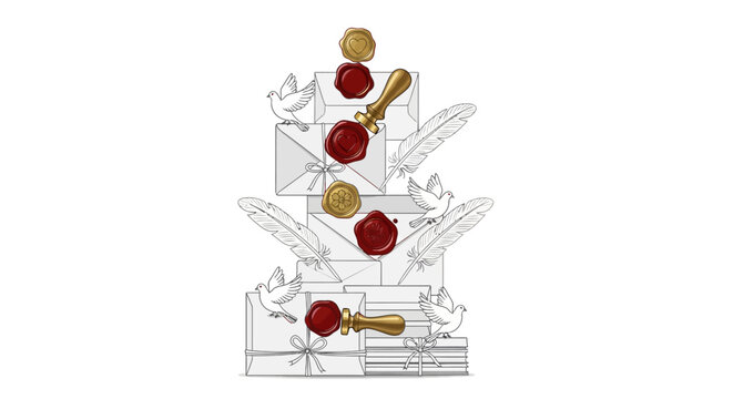 Envelopes with wax seals and doves in a decorative arrangement