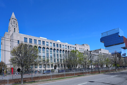 View of the main building of Boston University along Commonwealth Avenue
