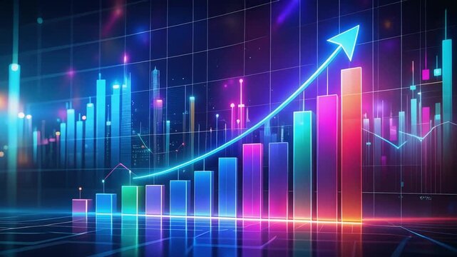 Colorful financial bar chart graph rising upward representing economic growth and market success