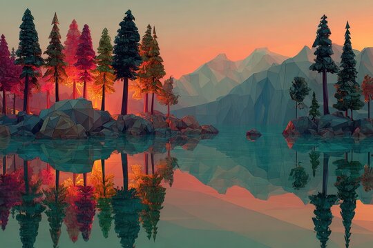 Stylized Low Poly Mountain and Forest Landscape with Water Reflection