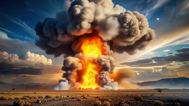 Massive nuclear explosion mushroom cloud rising dramatically over desert test landscape