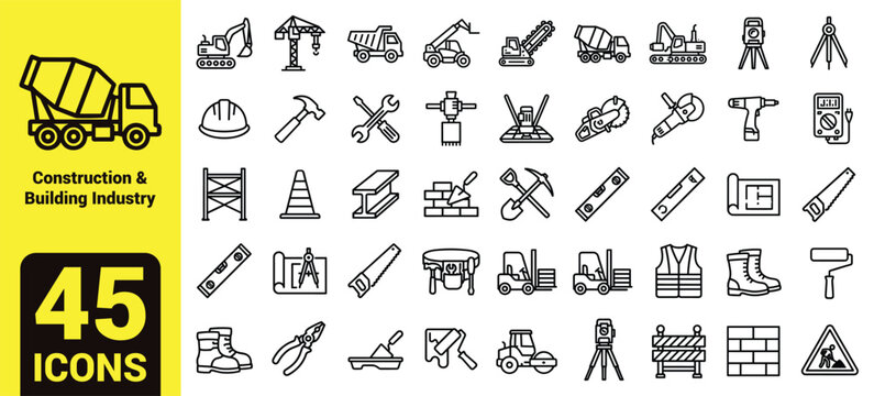 Construction and Building Industry Icon Set Featuring Heavy Machinery, Safety Equipment, Manual Hand Tools, Engineering Blueprints, Site Infrastructure, and Industry Line Art.