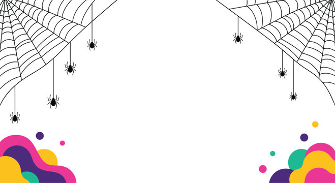 Halloween background design with black spider webs in corners and colorful abstract wavy shapes at the bottom on a white backdrop.