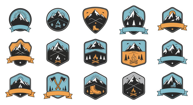 Vintage hiking and camping badge collection featuring mountain and outdoor icons