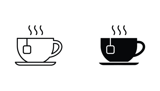 Set of minimalist tea cup icons with steam and teabag string in both outline and solid black vector styles for cafe menu design and beverage branding