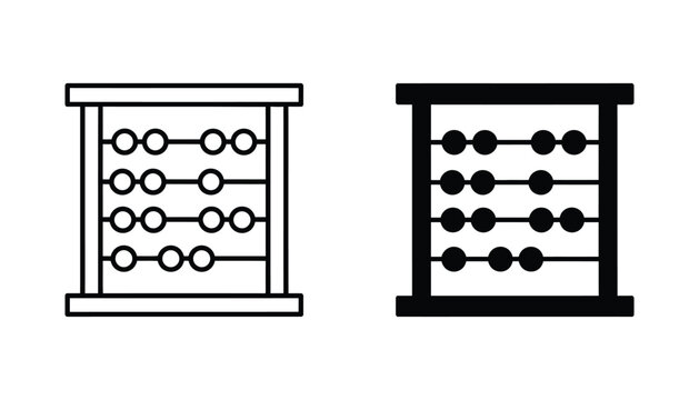Traditional abacus icon set showcasing calculation tool in clean line art and solid black silhouette for education and finance themed graphics