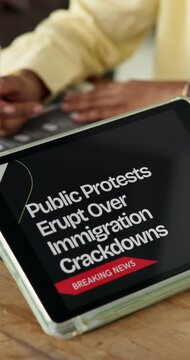 Hands, person and meeting with tablet screen in office for breaking news, immigration and public protest. Team, digital and live update on civil disobedience, social activism and deportation outrage