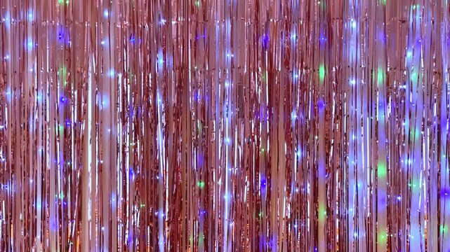 Happy Birthday balloon letters on shiny tinsel curtain background, festive party decoration celebration. Shiny tinsel curtain background with colorful glitter and sparkling lights, festive party decor