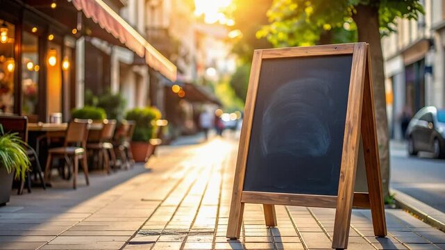Outdoor cafe street scene with empty chalkboard menu sign standing on sunny sidewalk