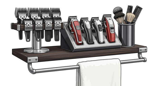 Barbershop tools display with clippers and brushes on shelf