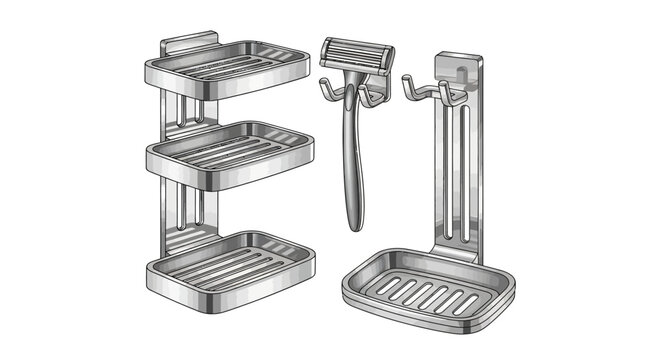 Modern bathroom organizer set: chrome wall-mounted shelf and razor holder