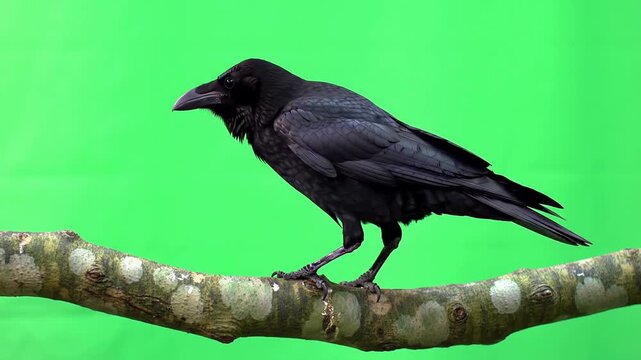 Elegant Raven Perched on a Branch Against Vibrant Green Screen Background for Wildlife and Compositing