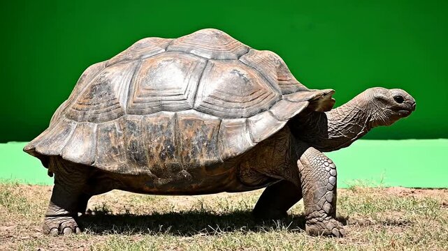 Gal?pagos Tortoise Walking on Grass with Vibrant Green Screen Background for Compositing and Visual Effects