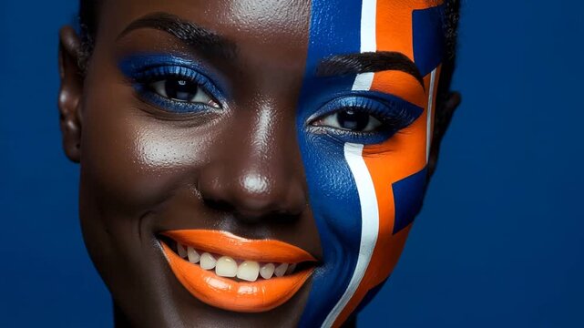 A model shows creative face paint designs featuring bold colors. The model smiles brightly, highlighting the artistry and craft of the makeup application.