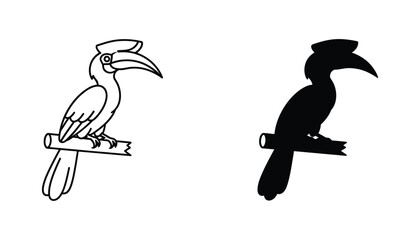 Hornbill bird species icon in line art and solid silhouette style for wildlife conservation or ornithology projects © Vivid