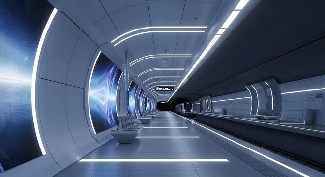 Futuristic subway station with digital displays and modern seating