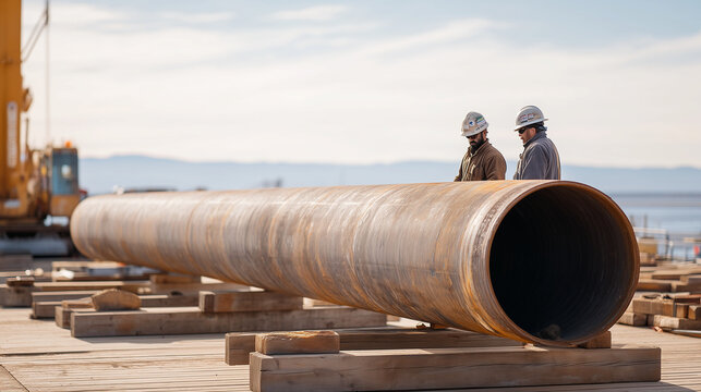 Rebar cage for a large-diameter bored pile lies horizontally across timber horses on a bridge construction site, two steel fixers feeding spiral ties onto vertical bars as a third checks splice leng