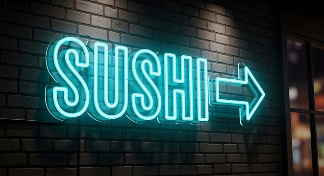Bright blue neon sushi sign with an arrow pointing the way attached to a dark textured urban brick wall surface