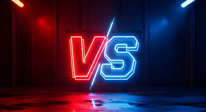 Bright neon versus sign glowing with red and blue light effects representing competition or a intense battle between two sides