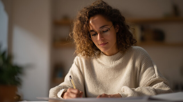 Computational linguist at a minimalist studio desk building a language model evaluation rubric, five printed test prompt sheets fanned across the surface, a single potted plant in the corner of an o