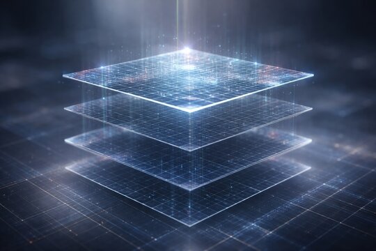 A grid structure with transparent layers illuminates softly in a digital environment. Light reflects off the surfaces, creating a tech-inspired scene.