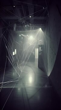 Abstract architectural corridor with intersecting white lines creates a futuristic and disorienting perspective evoking themes of complexity connection and modern design