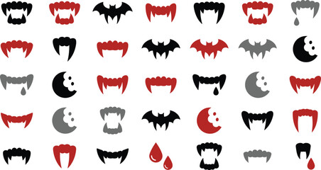 Collection of vampire teeth, halloween fangs, bat wings, and bloody drops for designs © Mofajjol