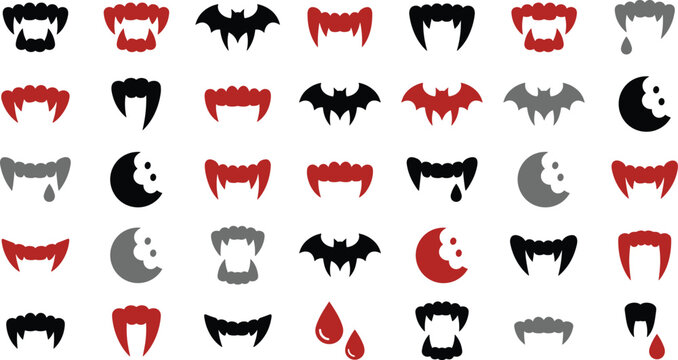 Collection of vampire teeth, halloween fangs, bat wings, and bloody drops for designs