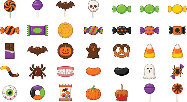 Set of halloween candy icons with diverse sweets and spooky treats on white background for design