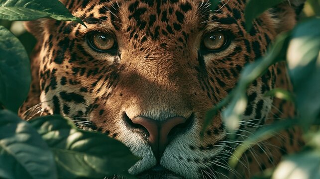 jaguar peering through green leaves in a jungle