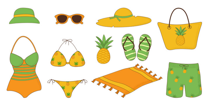 Beach accessories set with pineapple pattern, swimwear, hat, sunglasses, flip flops and bag, vector illustration