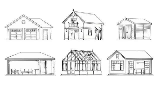 House Exterior Line Art Collection, Residential Garage and Shed Outbuildings. Set of architectural outline drawings of modern home extensions, greenhouses, and garden structures for blueprints or desi