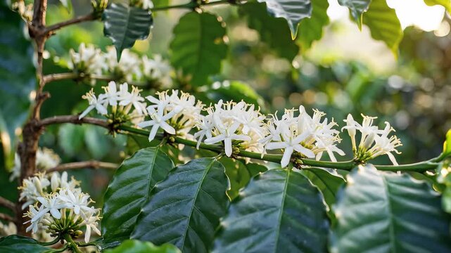 Closeup of delicate white coffee blossoms on a branch with green leaves.