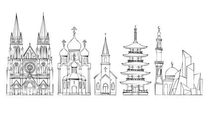 Obraz premium World Religious Architecture Set Line Art Outline Icons for Cathedral, Orthodox Church, Christian Chapel, Buddhist Pagoda and Islamic Mosque Landmarks Illustration for Global Culture and Spiritual Des