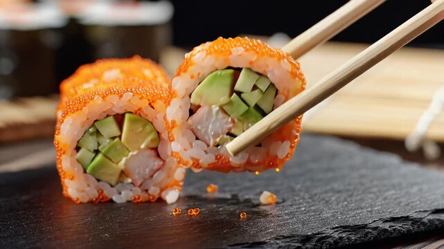 Delicious California Roll Sushi with Avocado and Cucumber being picked up by chopsticks.