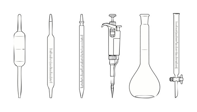 Laboratory Pipette And Glassware Set, Scientific Measuring Tools For Chemical Research, Flat Vector Icon Outline Collection For Biology Lab Equipment Analysis And Testing Procedure In Minimalist Style