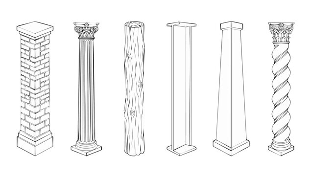 Architectural Column Types Set, Collection of Building Pillars and Structural Support Elements in Black and White Outline Style, Including Brick, Classical Greek, Wooden Log, Steel I-Beam, and Twisted