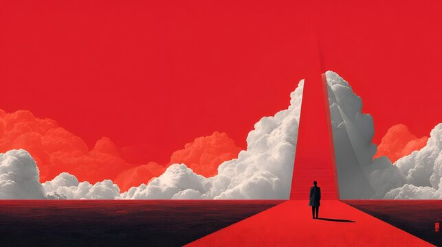 A lone figure walks towards a bright opening in a surreal red and white landscape representing hope and the unknown future ahead now.