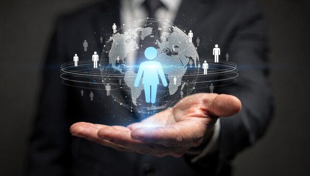 Businessman presenting holographic global people network and world map, audience targeting and international communication concept.
