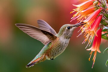 Obraz premium hummingbird hovering and feeding from orange tubular flowers