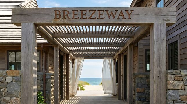 Coastal wooden breezeway pergola framing ocean view.