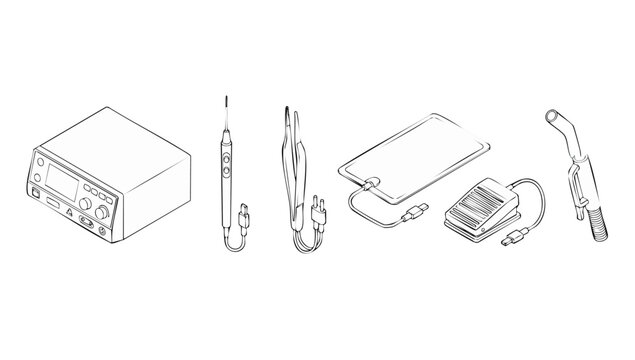 Electrosurgical Unit Equipment Set Isometric Outline Vector, Including Monopolar Pencil, Bipolar Forceps, Grounding Pad, Foot Pedal, and Suction Tip for Advanced Minimally Invasive Surgical Procedures