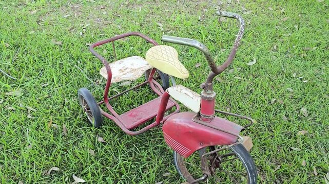 Vintage red tricycle with rusty handlebars and cream seats on green grass during a smooth panning shot in an outdoor setting.