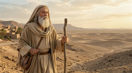 Fototapeta premium The biblical prophet Abraham on a journey of faith. Old Testament patriarch leaving his homeland in the desert landscape. Religious story concept