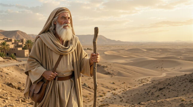 The biblical prophet Abraham on a journey of faith. Old Testament patriarch leaving his homeland in the desert landscape. Religious story concept
