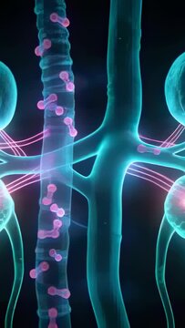 Vertical video: Camera panning vessel and spine in 3D, showing pink nodes moving to link kidneys