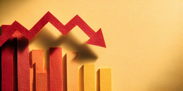 Red paper arrow points downwards above gradient color blocks suggesting financial decline, economic recession, or negative business trend.