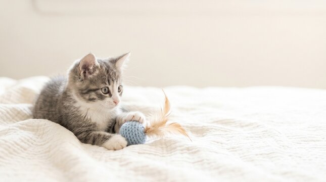 Playful Grey and White Kitten Playing with Feather Ball Toy on Cozy White Blanket