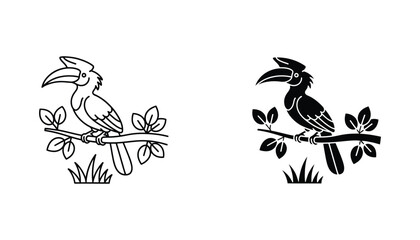 Hornbill bird on branch icon set in outline and solid black styles for nature and ecosystem graphics © Sarah