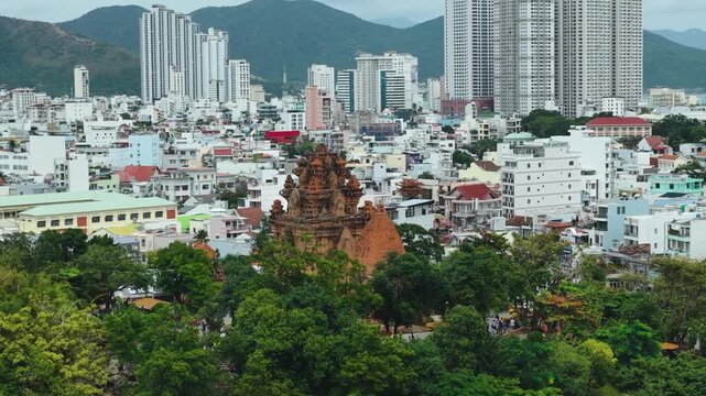 Aerial Video Vietnam Historic Temple Complex in Nha Trang City